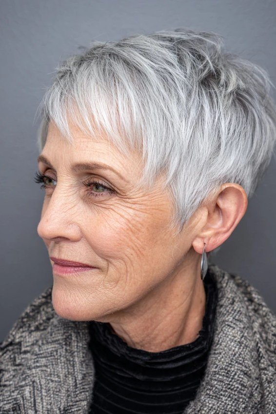 White pixie haircut, warm style