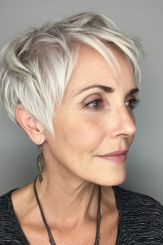 Gently layered silver pixie cut
