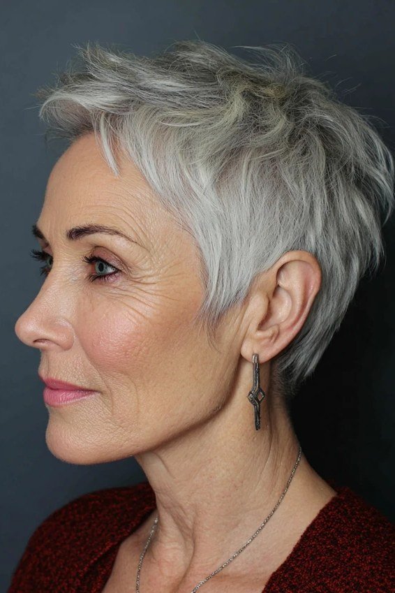 Silver pixie cut with crisp lines, side profile