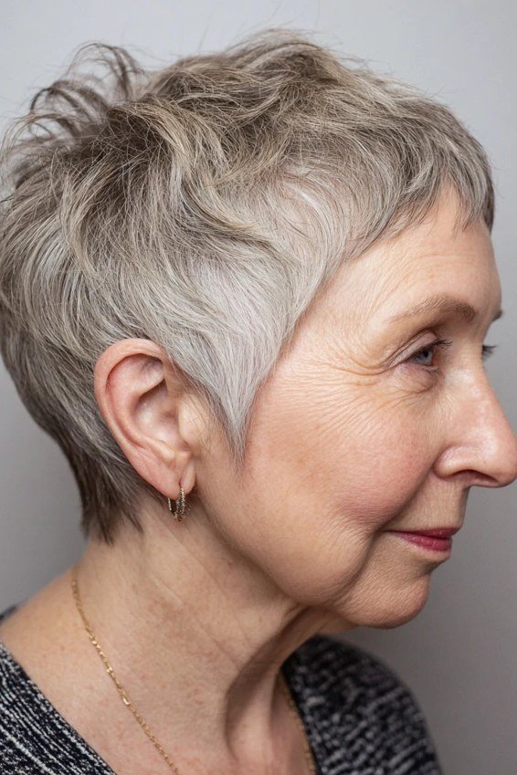 Longer salt and pepper pixie cut, side profile