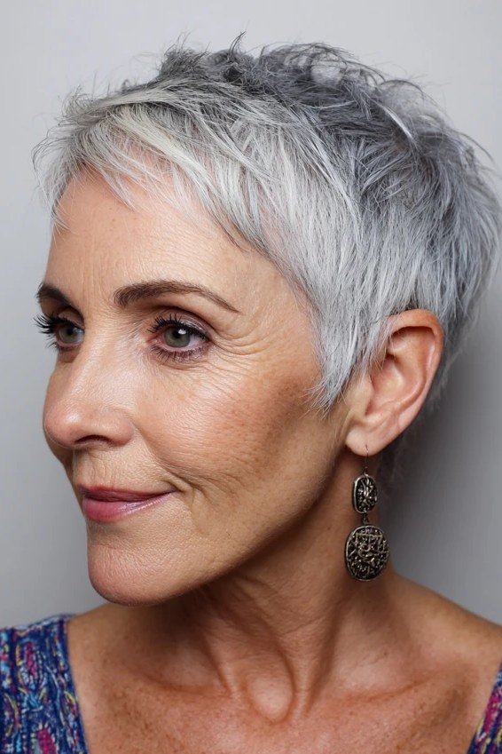 Silky silver pixie haircut