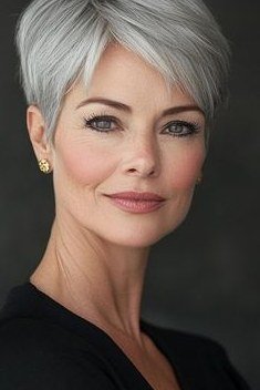 Confident silver pixie haircut, front view