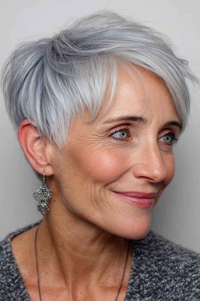 Smiling silver pixie cut with soft layers