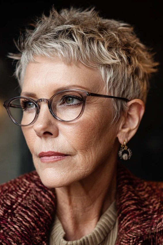 Curly salt and pepper pixie cut with glasses, front view