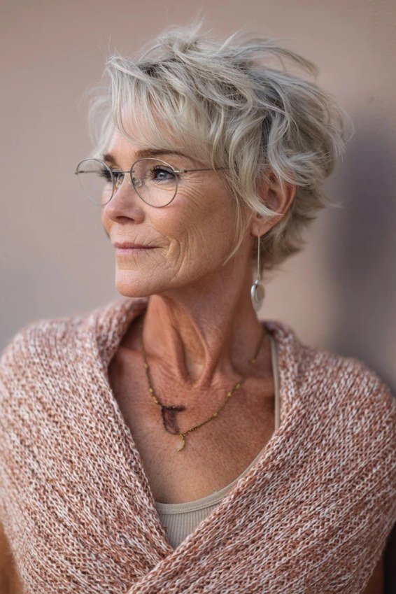 Curly white pixie cut with glasses