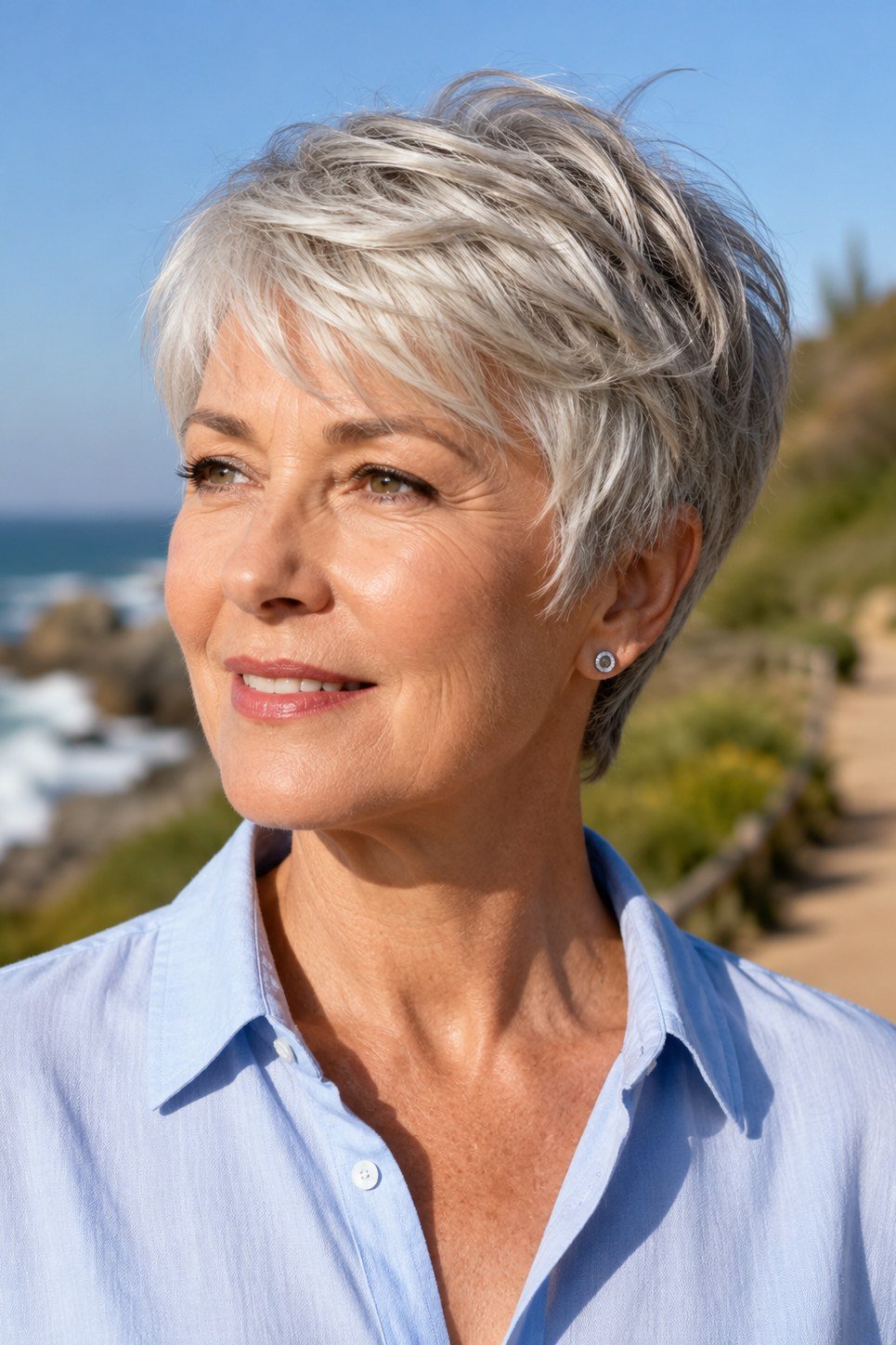 Silver pixie haircut in natural daylight, outdoor
