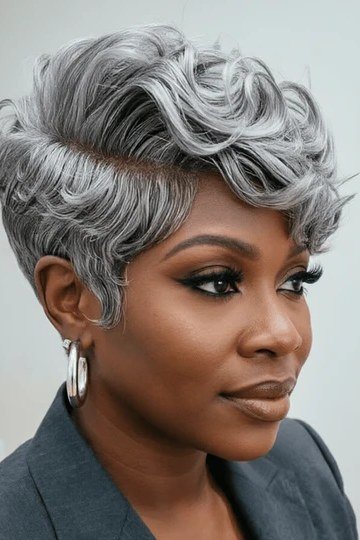 Silver pixie haircut, confident style