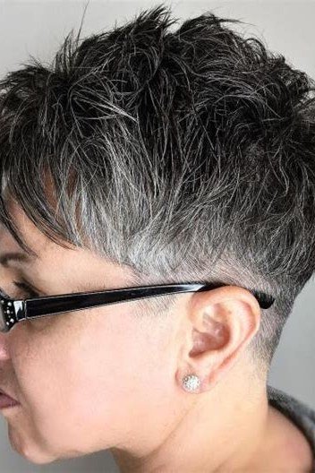 Edgy spiky salt and pepper pixie with glasses, side view
