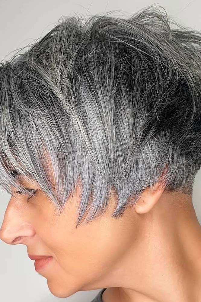 Clean tapered salt and pepper pixie cut, side view