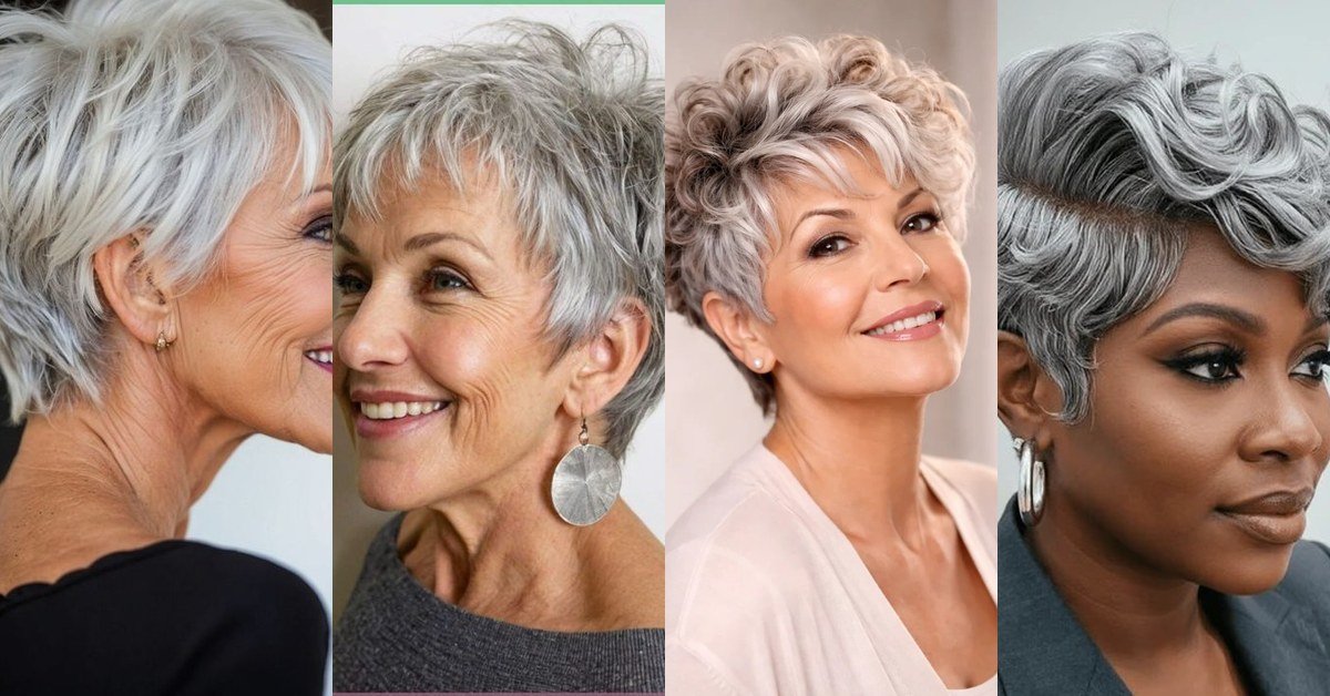 Collage of salt-and-pepper pixie haircut ideas for women over 60
