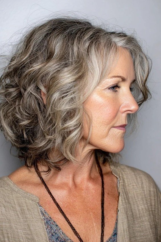 Side-Swept Silver Gray Wavy Bob - medium wavy hairstyle for women over 60 (idea 1 of 70)