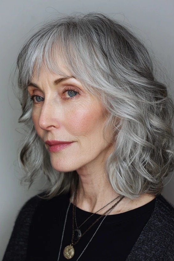 Silver Wavy Bob with Soft Bangs - medium wavy hairstyle for women over 60 (idea 10 of 70)
