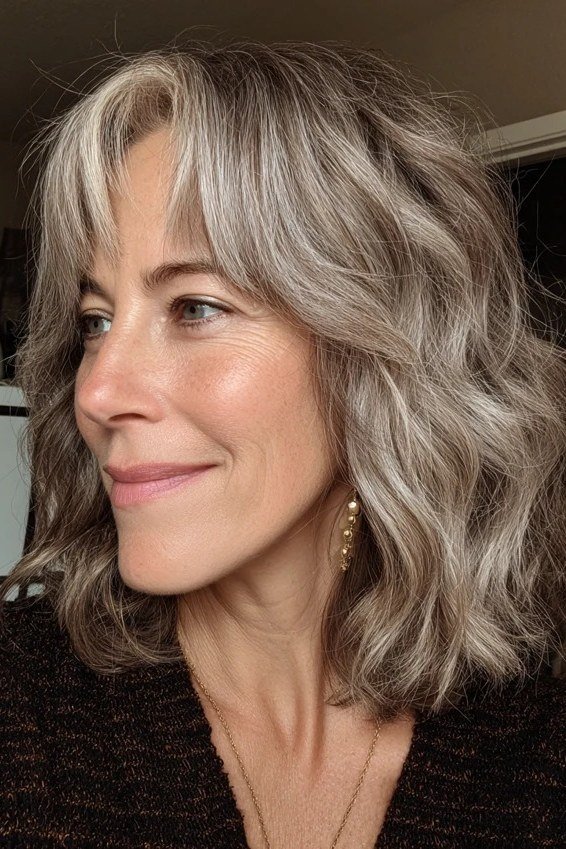 Silver Blonde Wavy Lob with Bangs - medium wavy hairstyle for women over 60 (idea 12 of 70)