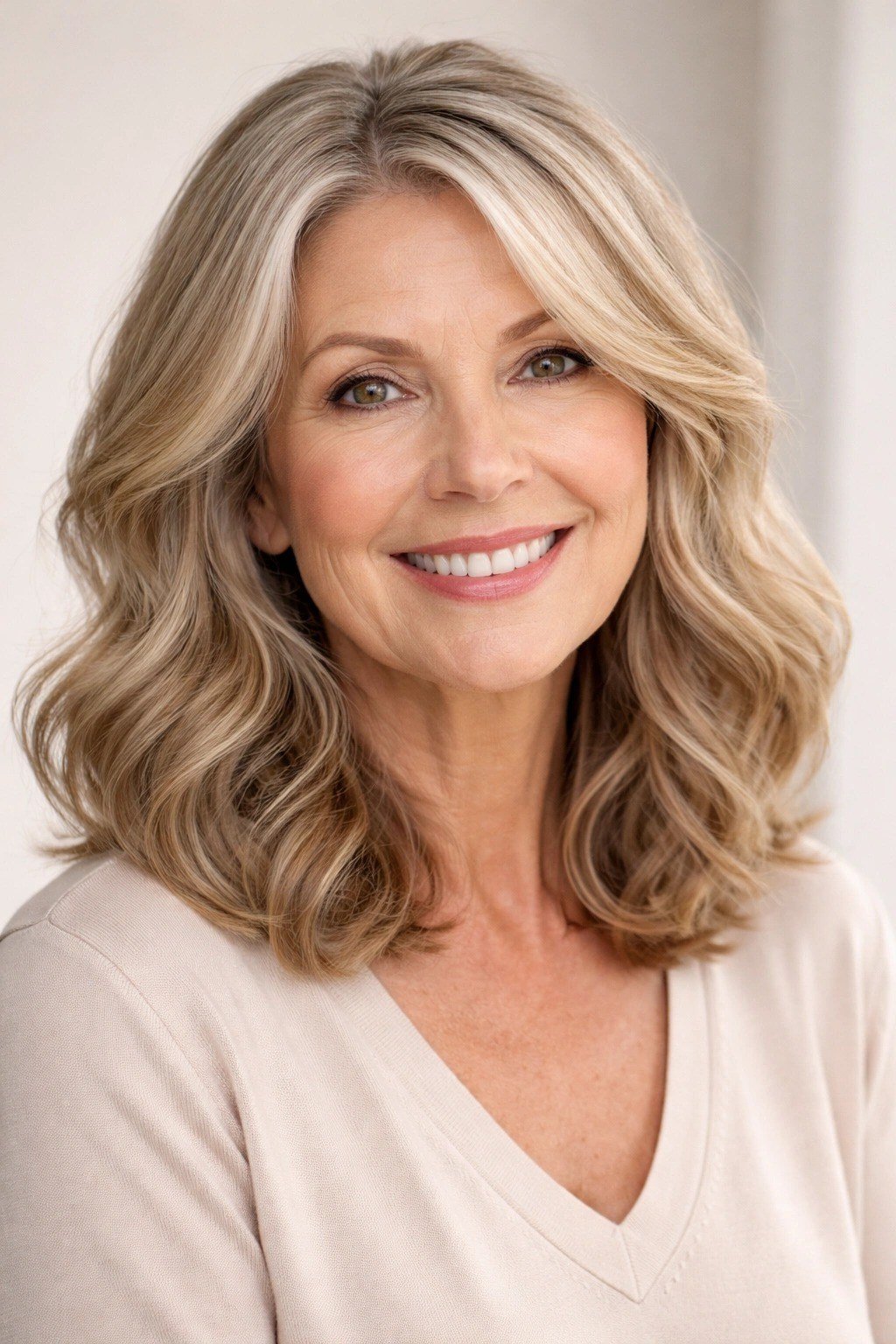 Smiling Blonde Wavy Lob - medium wavy hairstyle for women over 60 (idea 18 of 70)