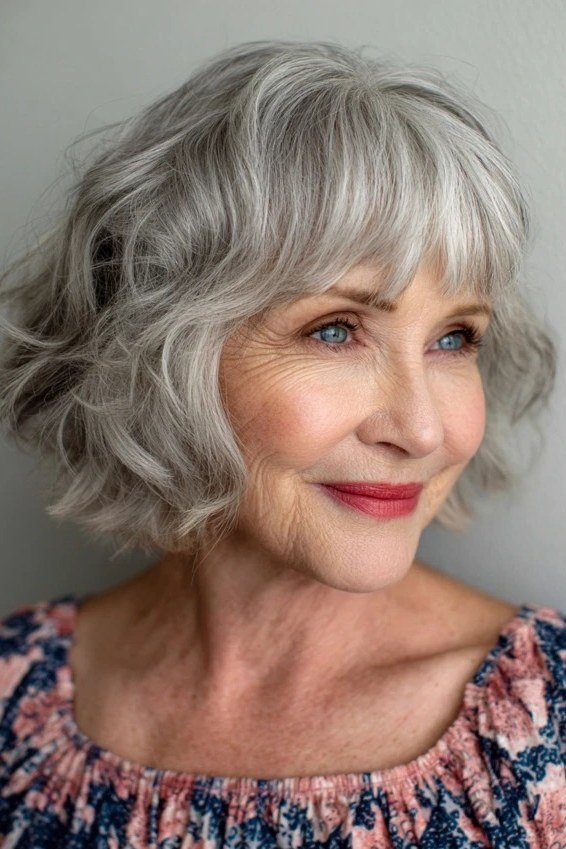 Silver Wavy Bob with Bangs and Floral Flair - medium wavy hairstyle for women over 60 (idea 22 of 70)