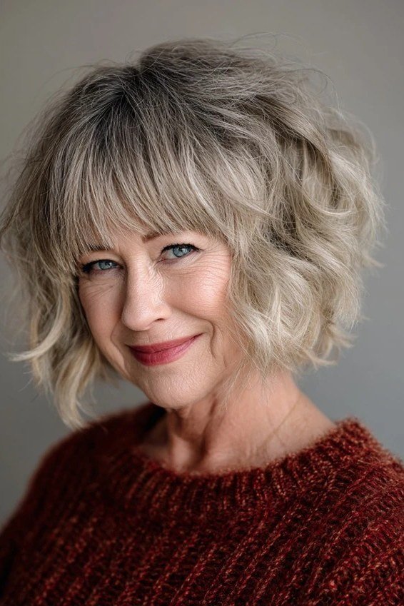Silver Wavy Bob with Rust-Toned Bangs - medium wavy hairstyle for women over 60 (idea 25 of 70)