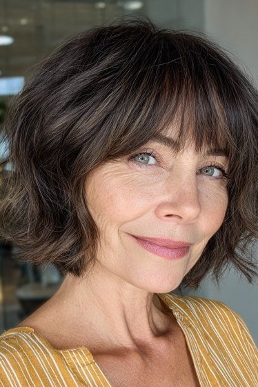 Honey Brown Wavy Bob with Bangs - medium wavy hairstyle for women over 60 (idea 26 of 70)