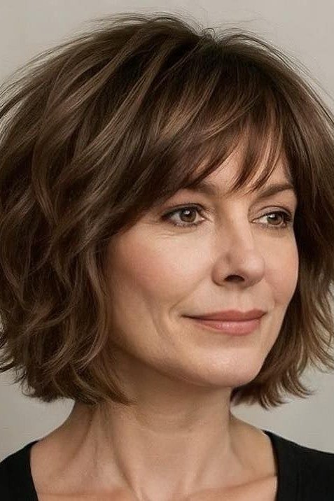 Chestnut Wavy Bob with Bangs - medium wavy hairstyle for women over 60 (idea 29 of 70)
