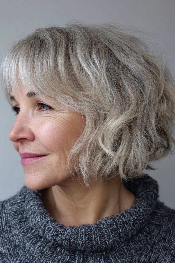 Silver Wavy Bob with Turtleneck Polish - medium wavy hairstyle for women over 60 (idea 30 of 70)
