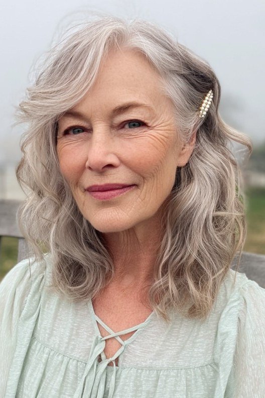 Long Silver Waves in Natural Light - medium wavy hairstyle for women over 60 (idea 31 of 70)