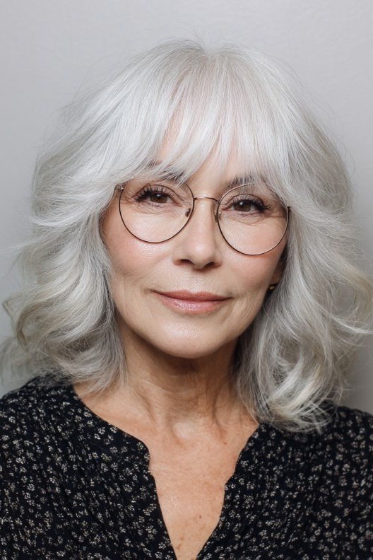 White Wavy Lob with Glasses - medium wavy hairstyle for women over 60 (idea 34 of 70)