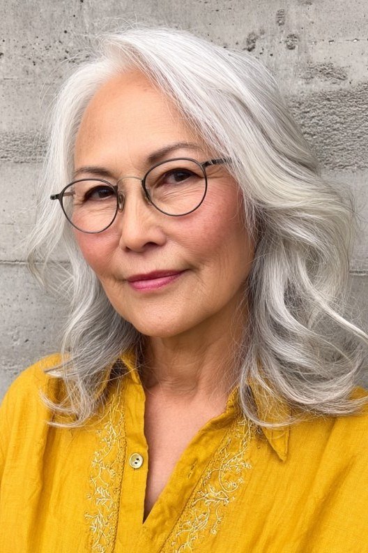 Silver Wavy Lob with a Pop of Yellow - medium wavy hairstyle for women over 60 (idea 36 of 70)