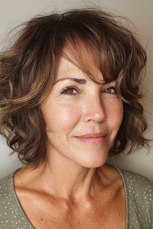 Warm Brown Wavy Bob with Bangs - medium wavy hairstyle for women over 60 (idea 37 of 70)