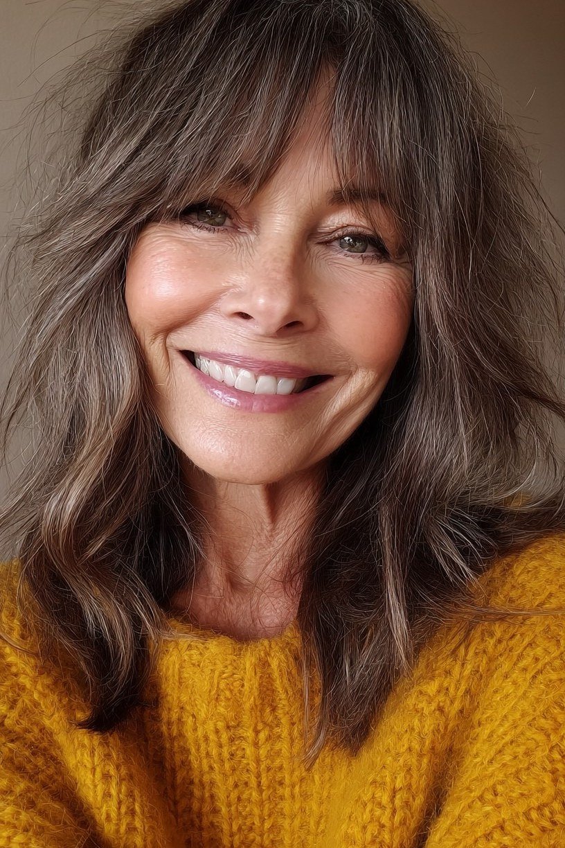 Brown Wavy Lob with Mustard Warmth - medium wavy hairstyle for women over 60 (idea 43 of 70)