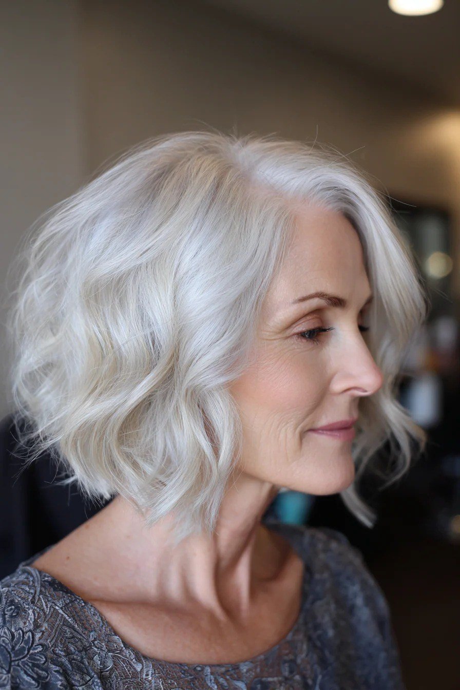 White Wavy Bob with Cozy Gray - medium wavy hairstyle for women over 60 (idea 50 of 70)