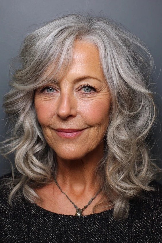 Elegant Silver Wavy Lob - medium wavy hairstyle for women over 60 (idea 54 of 70)