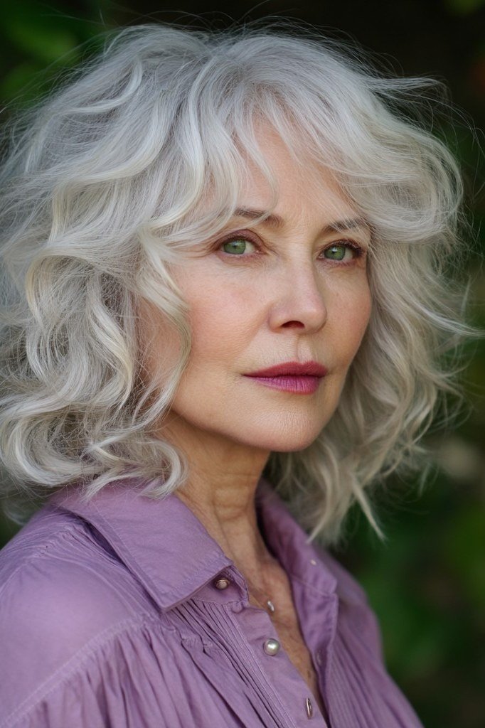 White Wavy Lob with Purple Touch - medium wavy hairstyle for women over 60 (idea 55 of 70)