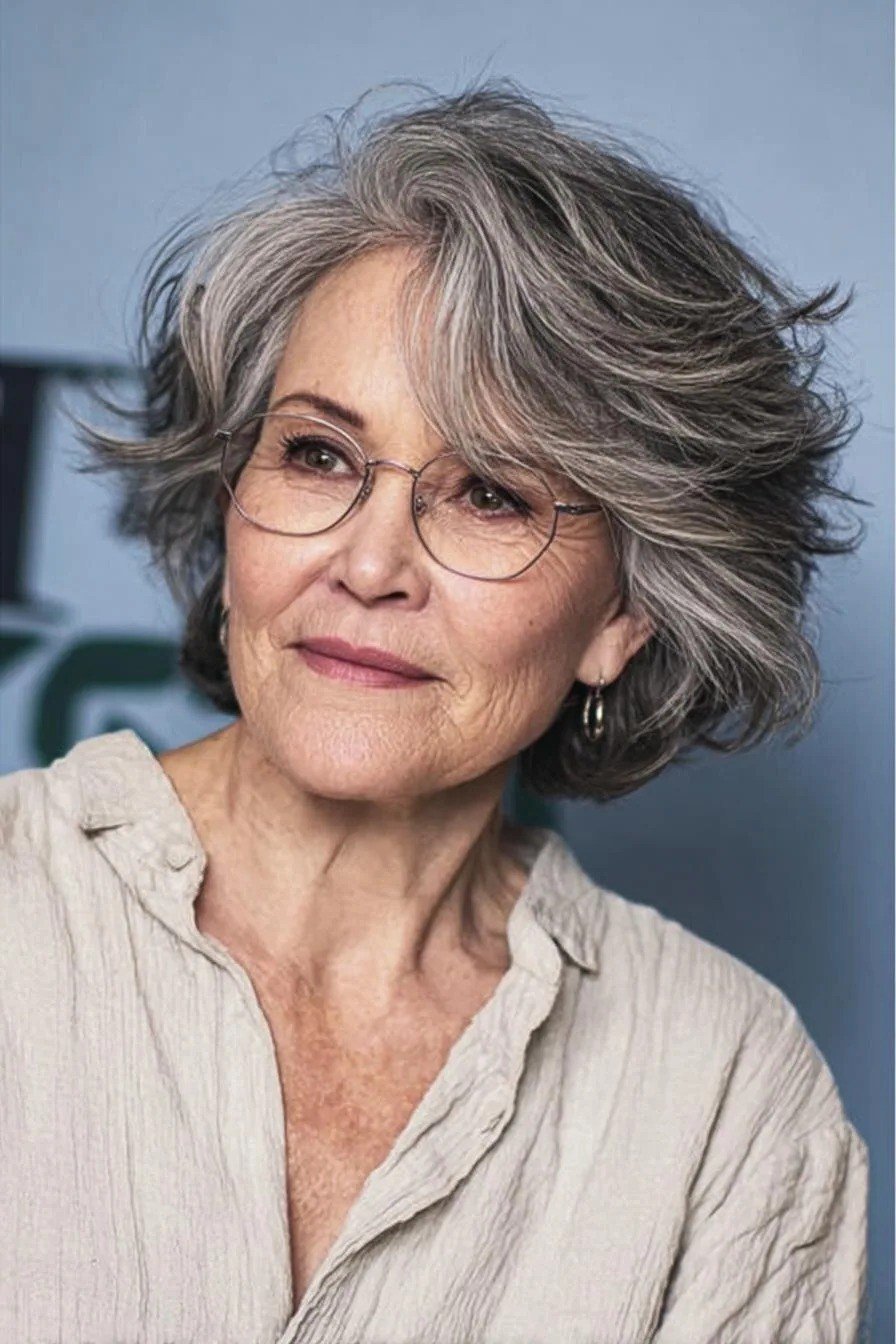 Silver Gray Wavy Bob with Smart Glasses - medium wavy hairstyle for women over 60 (idea 57 of 70)