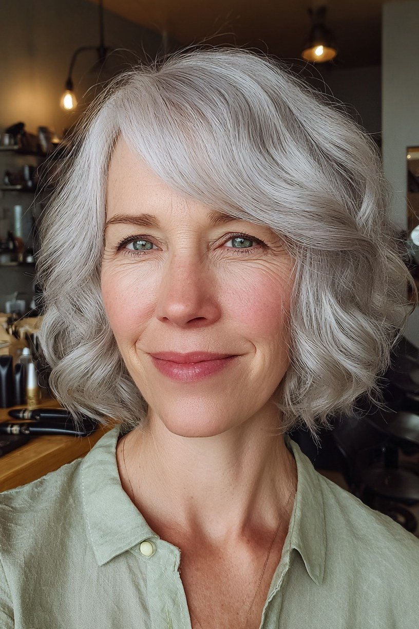 Smooth Silver Wavy Lob - medium wavy hairstyle for women over 60 (idea 59 of 70)