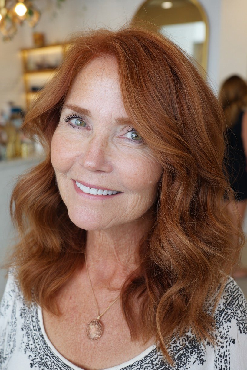 Copper Wavy Lob - medium wavy hairstyle for women over 60 (idea 60 of 70)