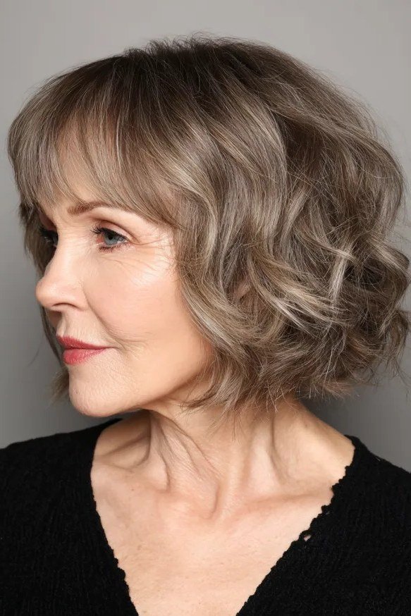Brown Gray Wavy Bob with Side Bangs - medium wavy hairstyle for women over 60 (idea 64 of 70)