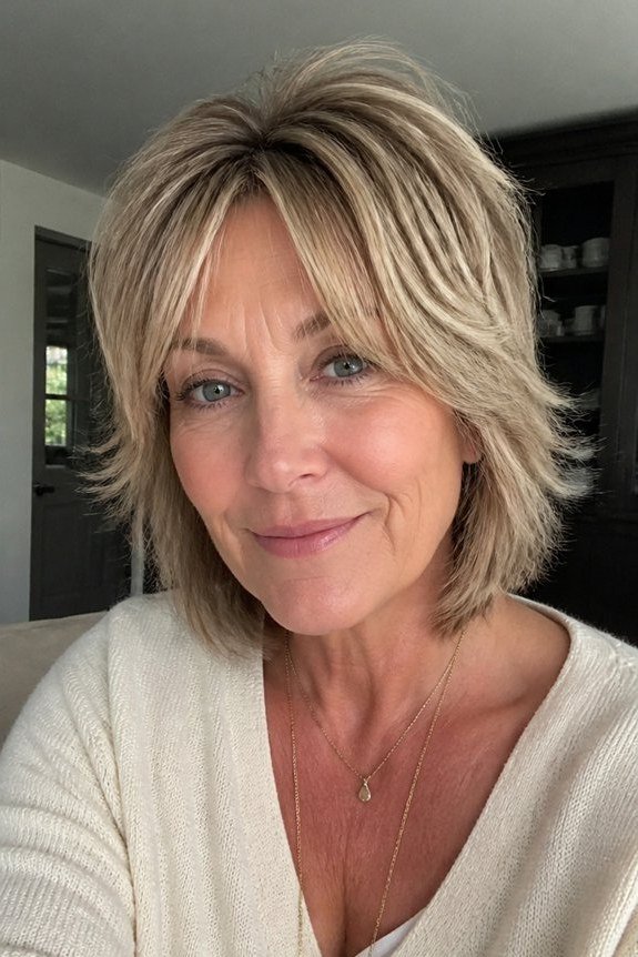 Classic Chin-Length Blonde Bob with Side-Swept Curtain Bangs - curtain bangs hairstyle for women over 40