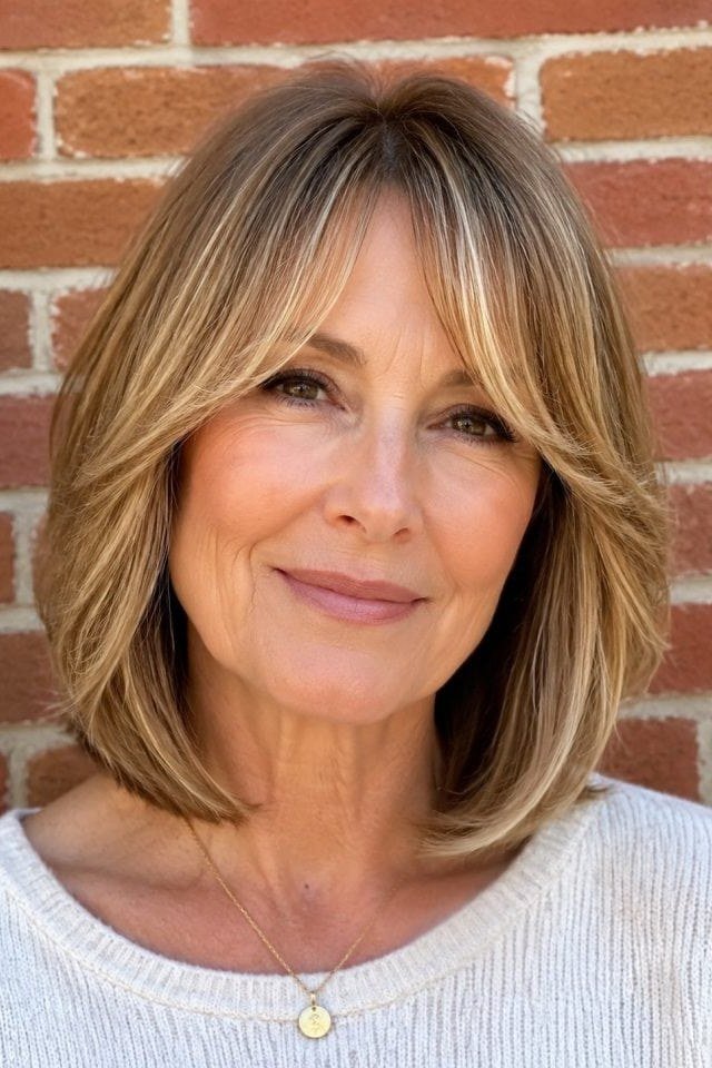 Highlighted Blonde Bob with Feathered Curtain Bangs - curtain bangs hairstyle for women over 40