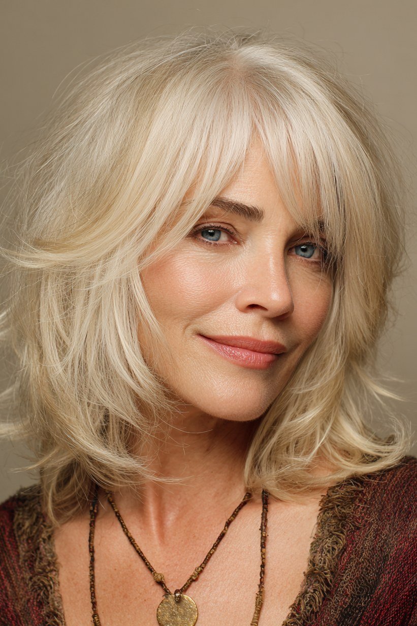 Blonde Bob with Full Sweeping Curtain Bangs - curtain bangs hairstyle for women over 40