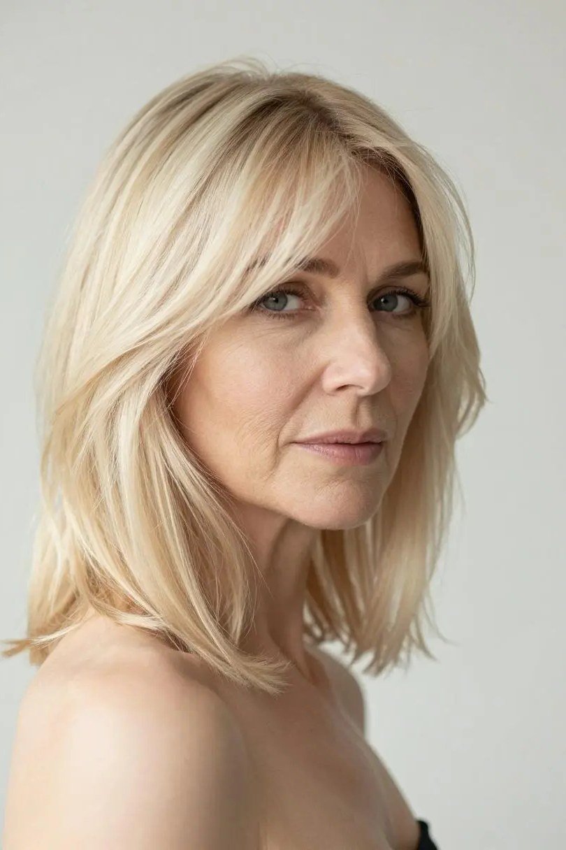 Blonde Lob with Face-Framing Curtain Bangs - curtain bangs hairstyle for women over 40