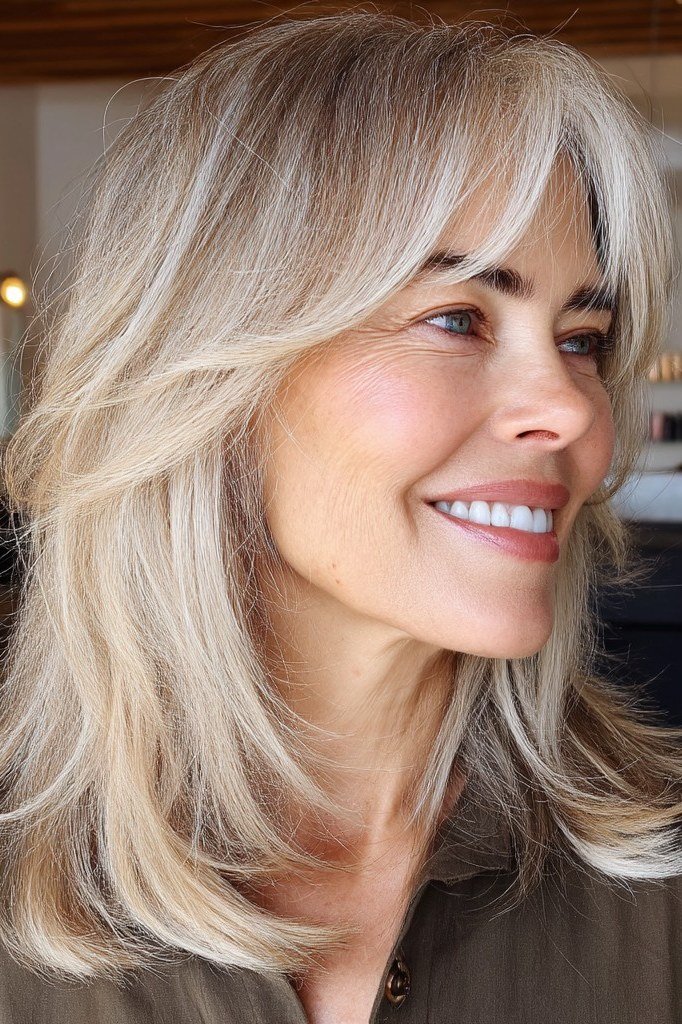 Silver-Blonde Lob with Soft Curtain Bangs - curtain bangs hairstyle for women over 40