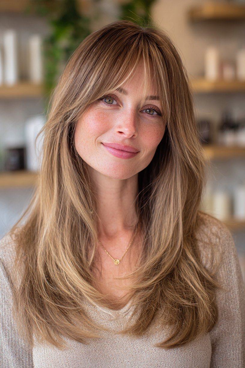 Long Wavy Blonde Layers with Curtain Bangs - curtain bangs hairstyle for women over 40