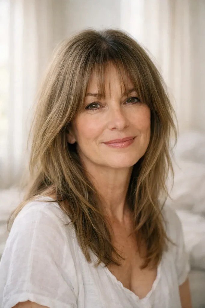 Medium Layered Blonde Hair with Soft Curtain Bangs - curtain bangs hairstyle for women over 40