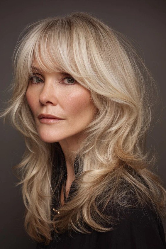 Long Layered Blonde Hair with Blended Curtain Bangs - curtain bangs hairstyle for women over 40