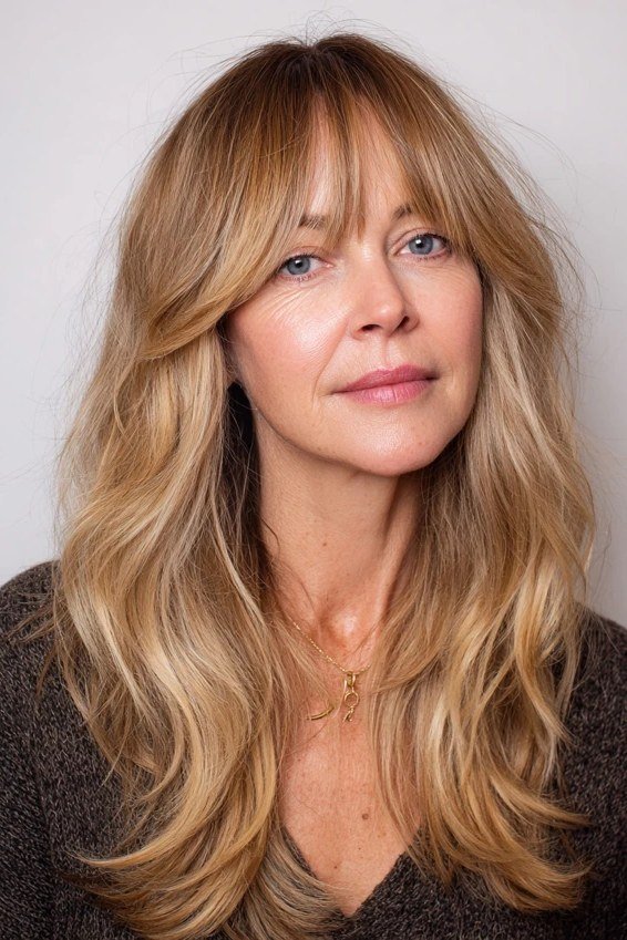 Voluminous Long Blonde Waves with Curtain Bangs - curtain bangs hairstyle for women over 40