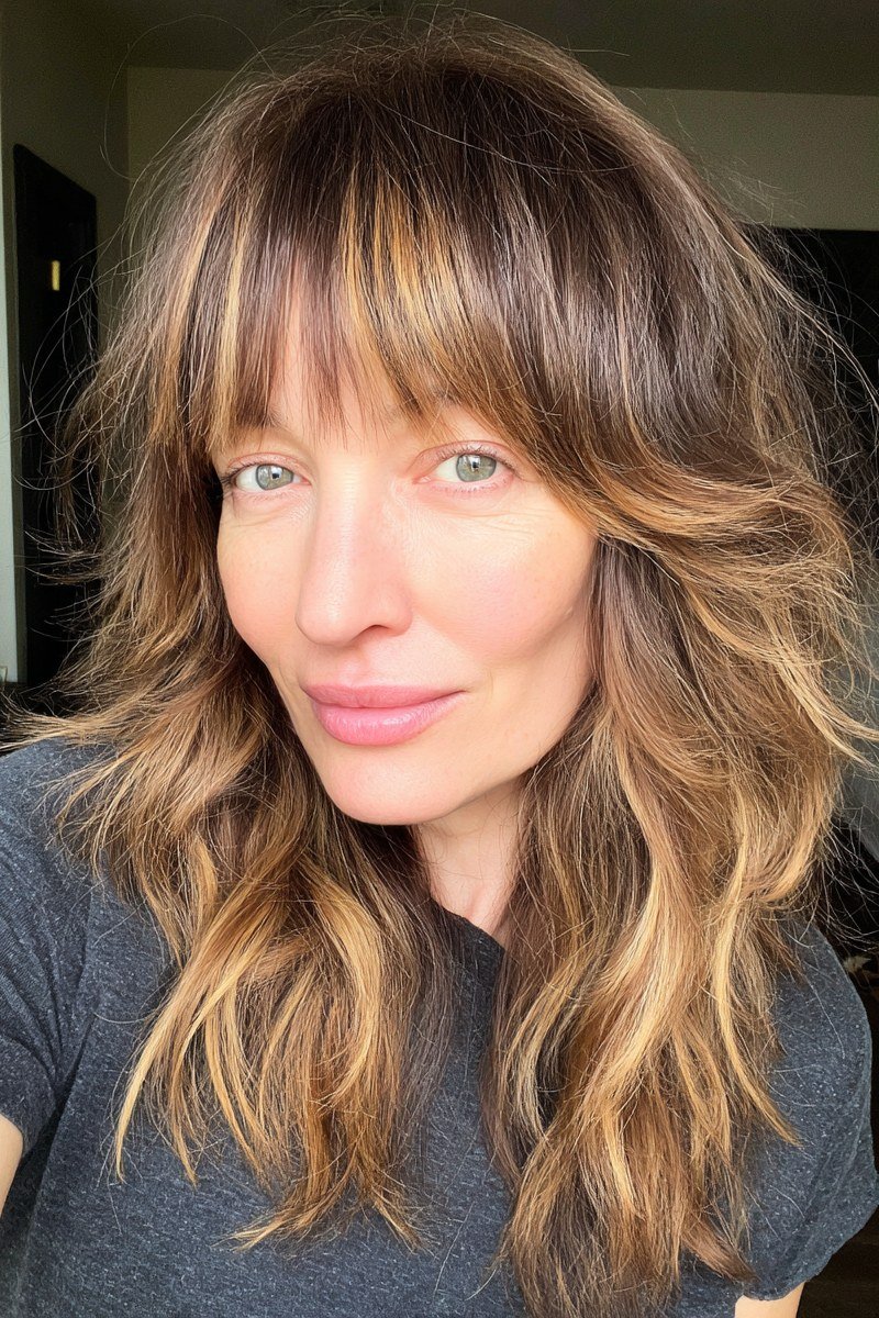 Long Highlighted Waves with Curtain Bangs - curtain bangs hairstyle for women over 40
