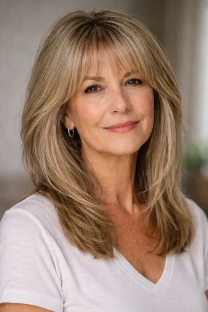 Medium Blonde Layers with Wispy Curtain Bangs - curtain bangs hairstyle for women over 40
