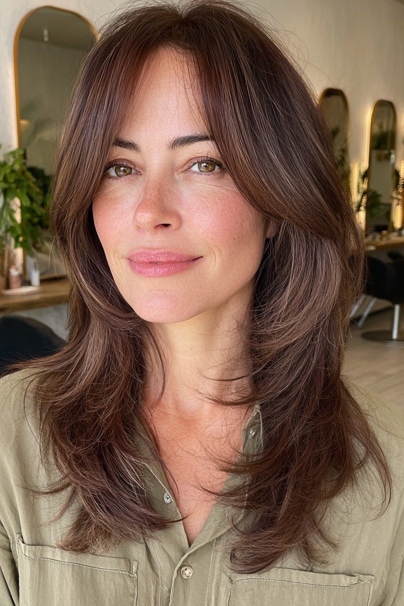 Long Layered Brunette Hair with Curtain Bangs - curtain bangs hairstyle for women over 40