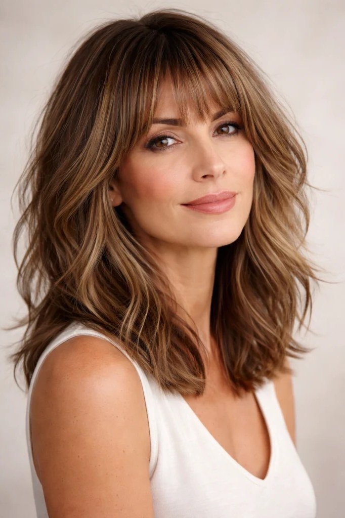 Wavy Brown Medium Hair with Curtain Bangs - curtain bangs hairstyle for women over 40
