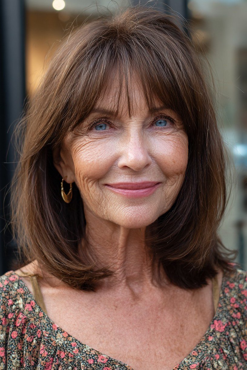 Layered Brown Hair with Curtain Bangs for Mature Women - curtain bangs hairstyle for women over 40