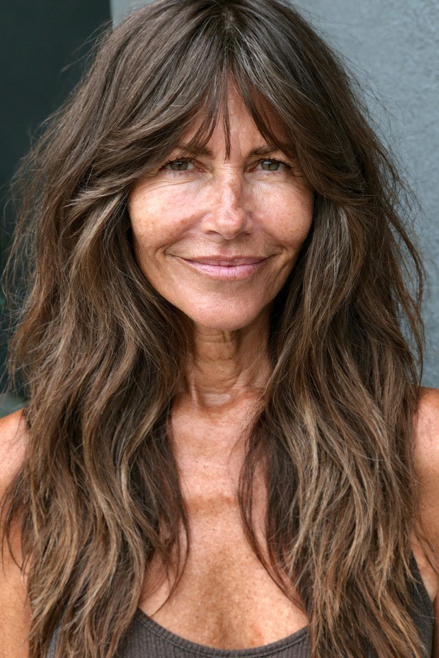 Long Wavy Brown Hair with Face-Framing Curtain Bangs - curtain bangs hairstyle for women over 40